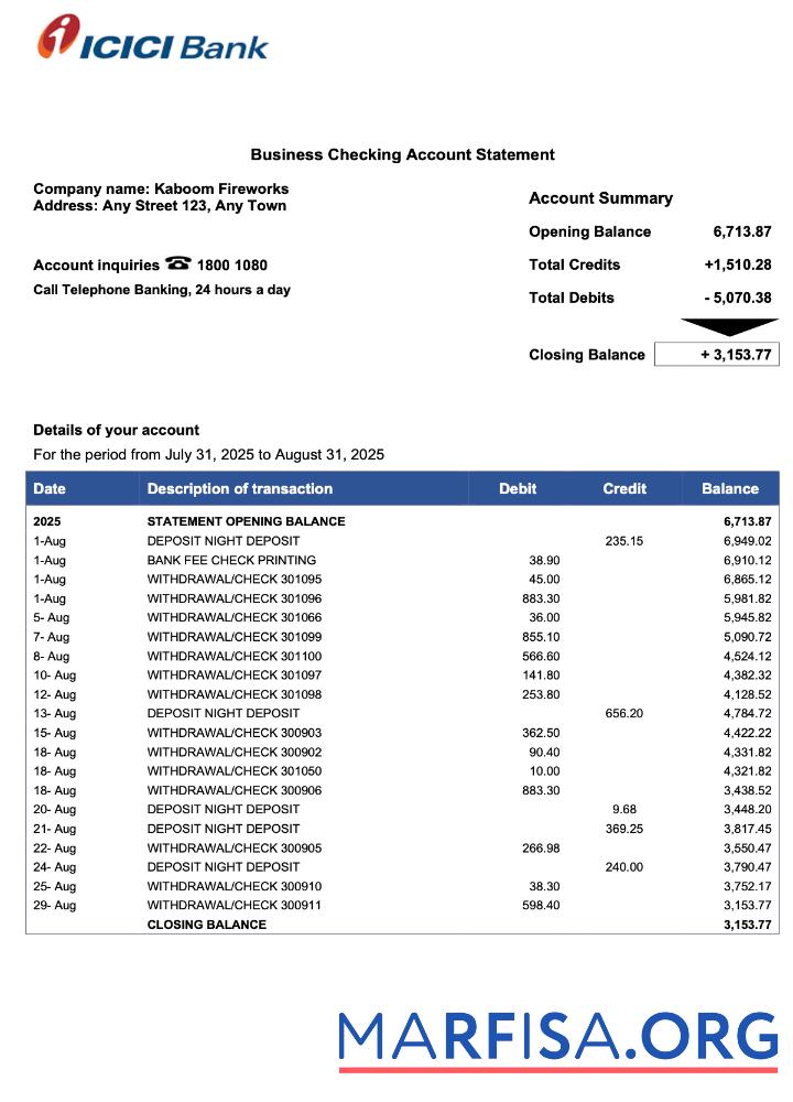 Downloadable Pakistan ICICI firm account statement Word and PDF template